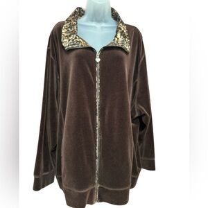 Liz & Me Brown Velour Jacket with Leopard Print Collar